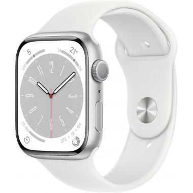 Apple Watch Series 8 (GPS, 45mm) - Silver Aluminium Case with M/L White Sport Band