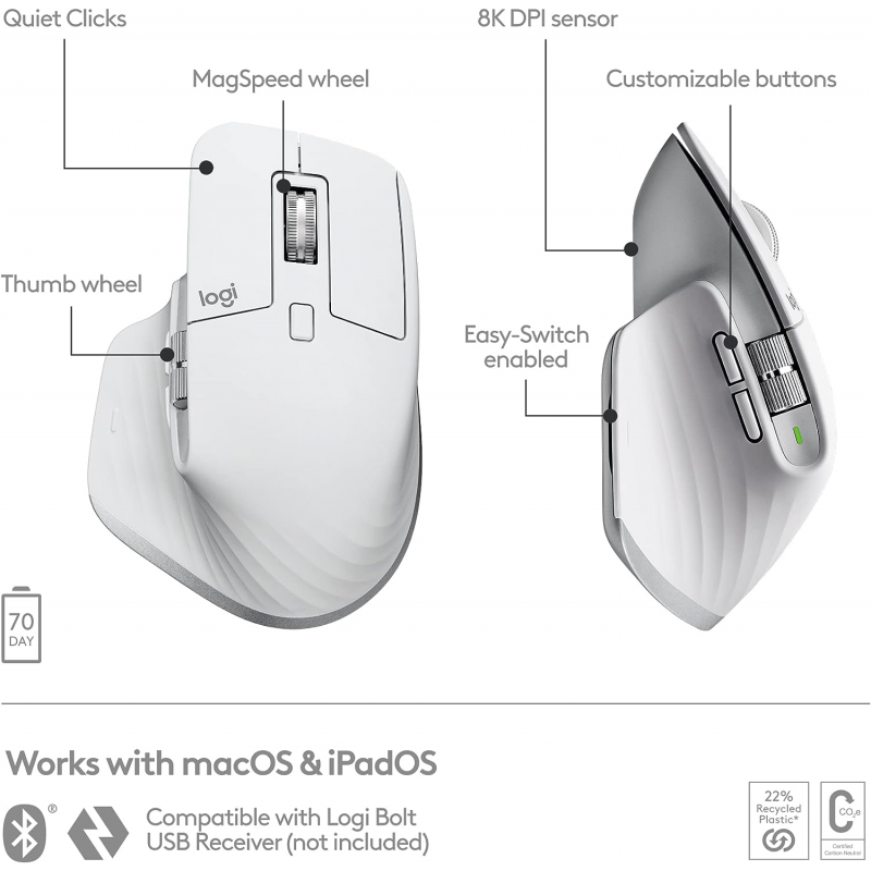 Logitech MX Master 3S For Mac Wireless Performance Mouse - Pale Grey Logitech MX Master 3S For Mac Wireless Performance Mouse - Pale Grey