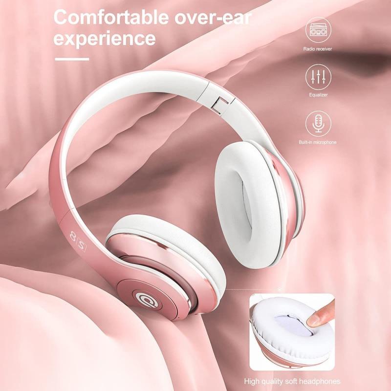 Wireless Foldable Bluetooth Headphones Headset (52 Hrs Playtime, 6EQ Modes, Build-in Mic) - Pink