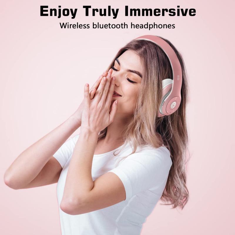 Wireless Foldable Bluetooth Headphones Headset (52 Hrs Playtime, 6EQ Modes, Build-in Mic) - Pink