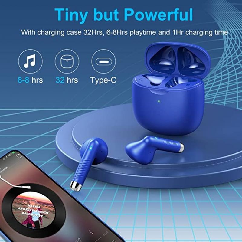 Wireless Earbuds (Bluetooth 5.3, Hi-Fi Stereo, Wireless, 32H Playtime - Blue