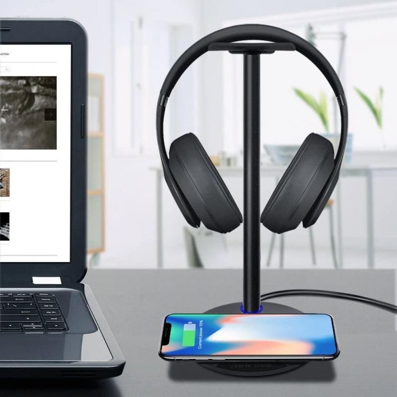 Headphone Stand with Wireless QI Charging Pad