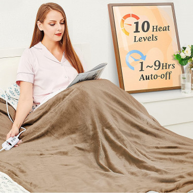 Electric Heated Blanket Throw Flannel Sherpa Fast Heating 180x130cm, 10 Heat Levels & Up-to-9-Hours Auto-Off Timer & LED Display - Khaki