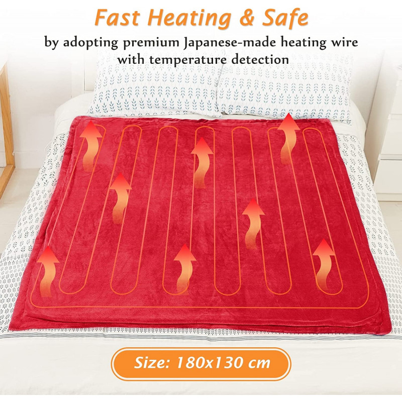 Electric Heated Blanket Throw Flannel Sherpa Fast Heating 180x130cm, 10 Heat Levels & Up-to-9-Hours Auto-Off Timer & LED Display - Red