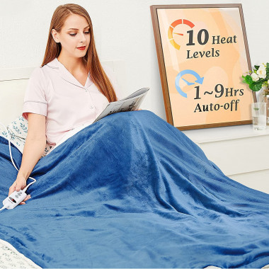 Electric Heated Blanket Throw Flannel Sherpa Fast Heating 180x130cm, 10 Heat Levels & Up-to-9-Hours Auto-Off Timer & LED Display - Blue