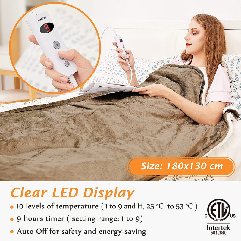Electric Heated Blanket Throw Flannel Sherpa Fast Heating 180x130cm, 10 Heat Levels & Up-to-9-Hours Auto-Off Timer & LED Display - Khaki