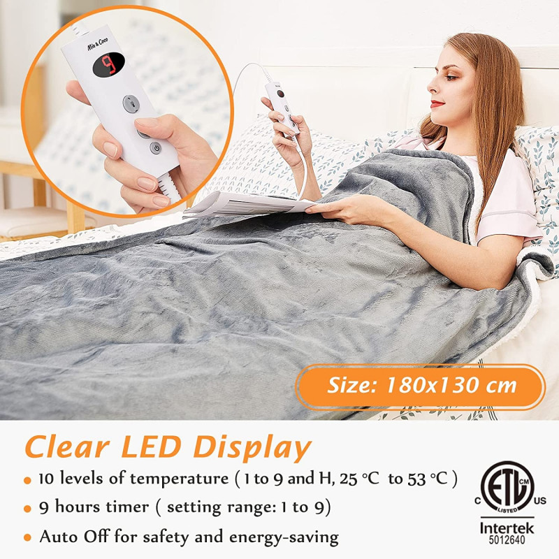 Electric Heated Blanket Throw Flannel Sherpa Fast Heating 180x130cm, 10 Heat Levels & Up-to-9-Hours Auto-Off Timer & LED Display - Grey