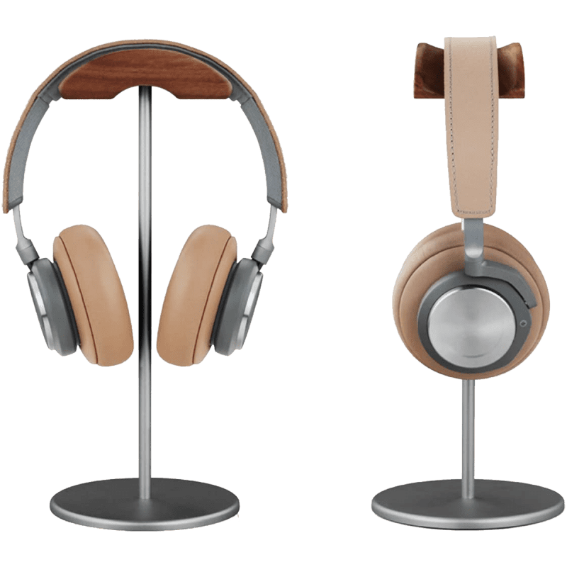 Headphone Stand (Nature Walnut Wood, Aluminium Stand) - Grey